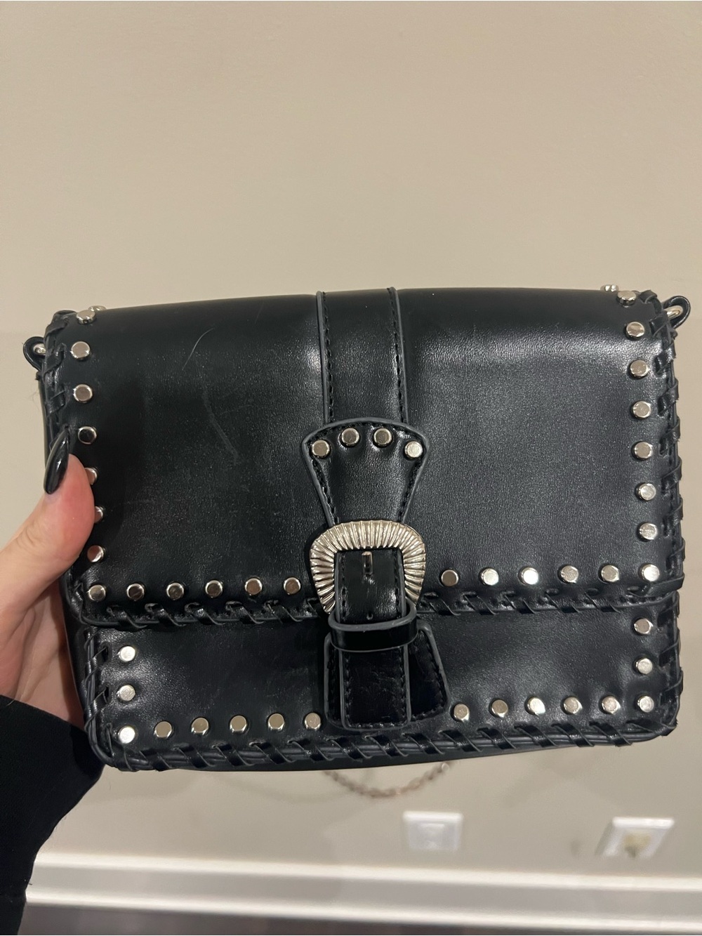 Black Faux Leather Studded Crossbody Bag with Buckle